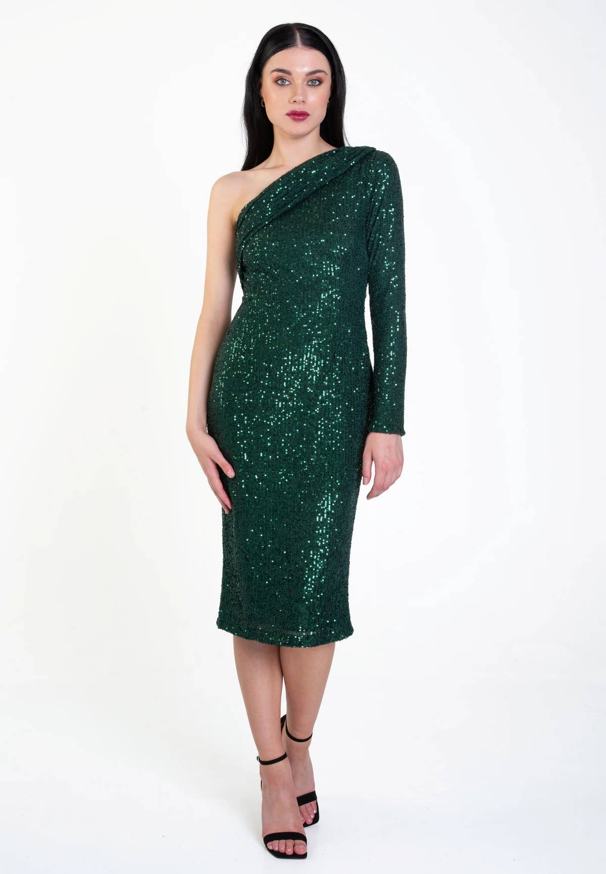 Green One Shoulder Draped Sequin Midi Dress – View 1 | Gini London