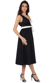 Black With Contrast White Poplin Tie Waist Midi Dress