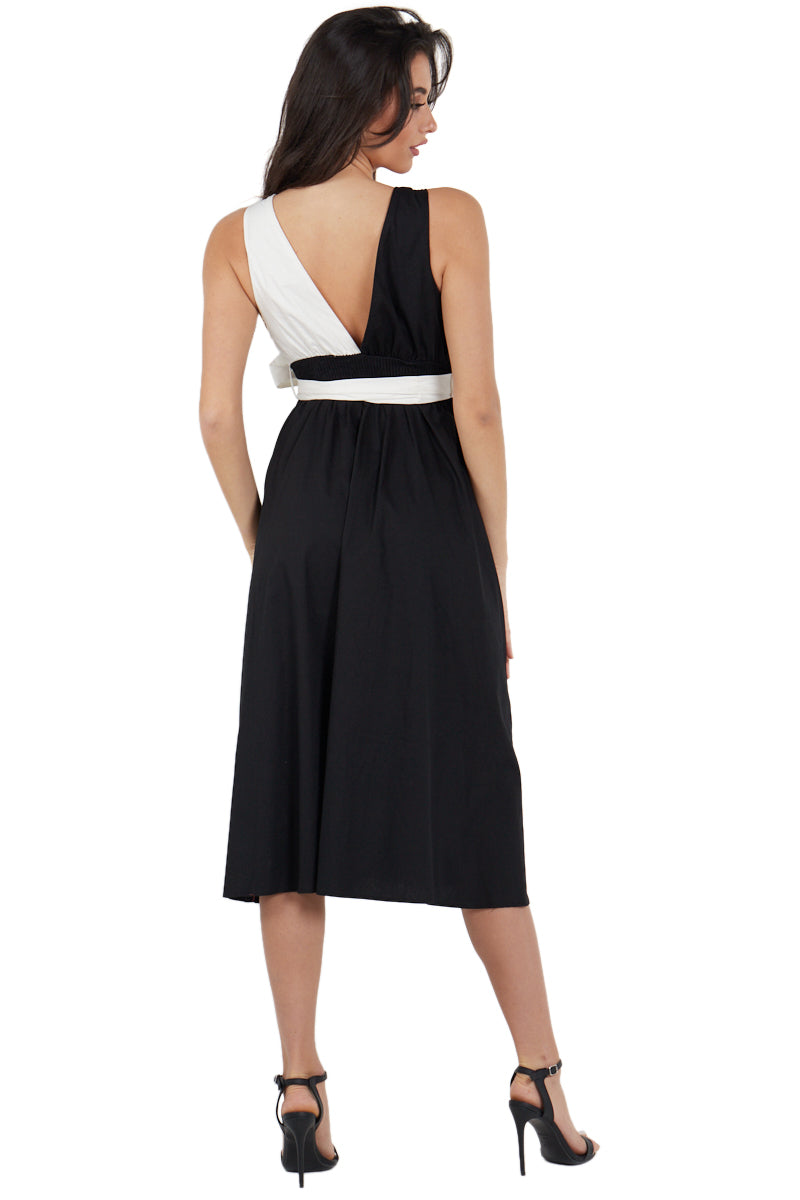 Black With Contrast White Poplin Tie Waist Midi Dress