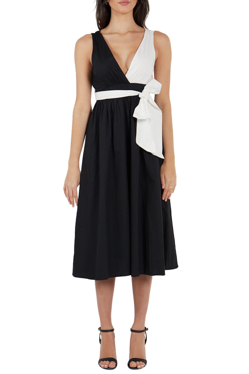 Black With Contrast White Poplin Tie Waist Midi Dress