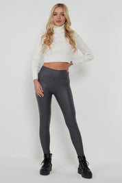 Grey Plain PU Leggings