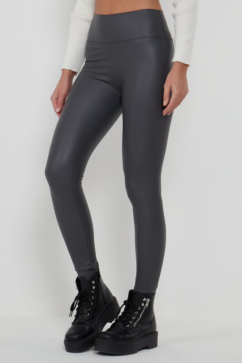 Grey Plain PU Leggings