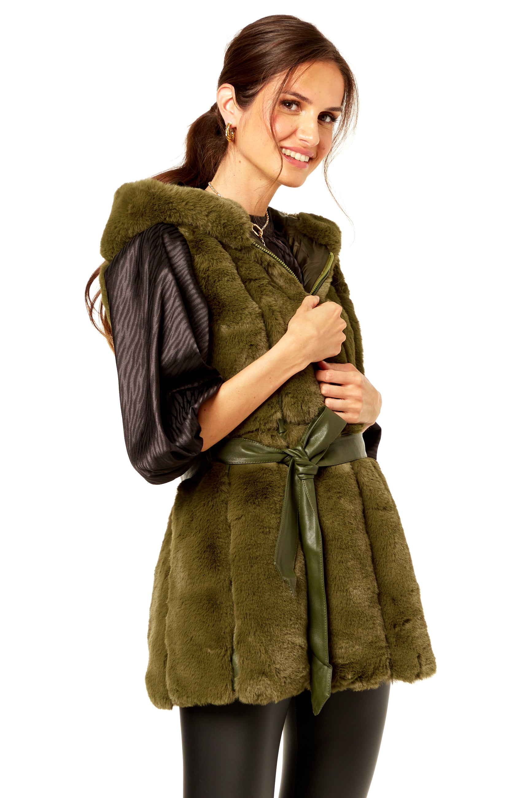 Green Vertical Zip Long Fur Gilet