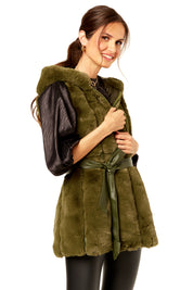 Green Vertical Zip Long Fur Gilet