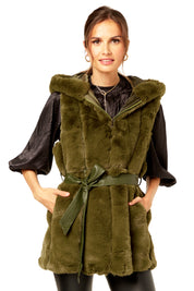 Green Vertical Zip Long Fur Gilet