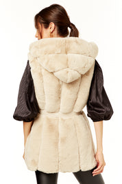 Beige Vertical Zip Long Fur Gilet