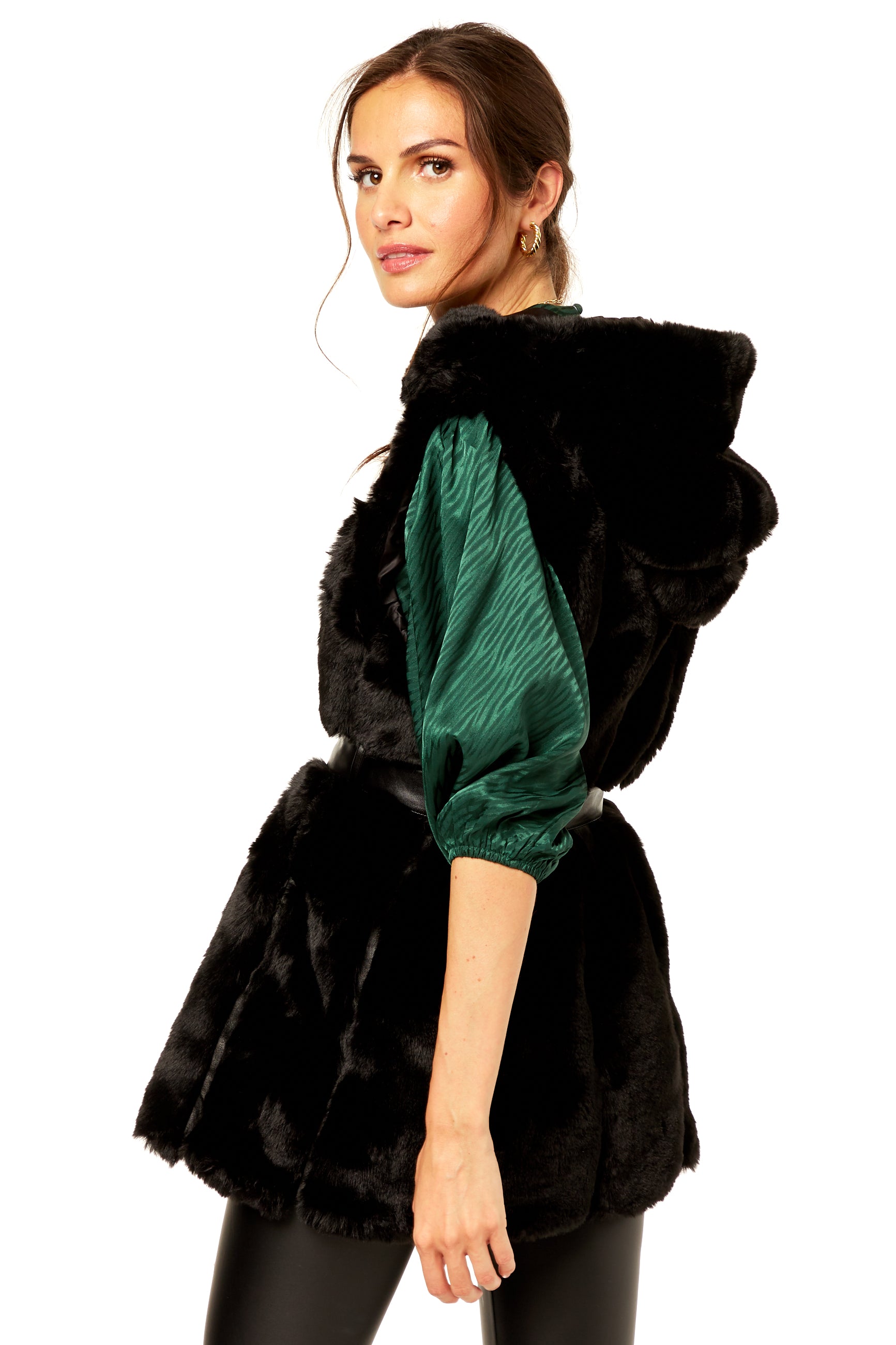 Black Vertical Zip Long Fur Gilet