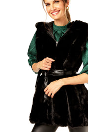 Black Vertical Zip Long Fur Gilet