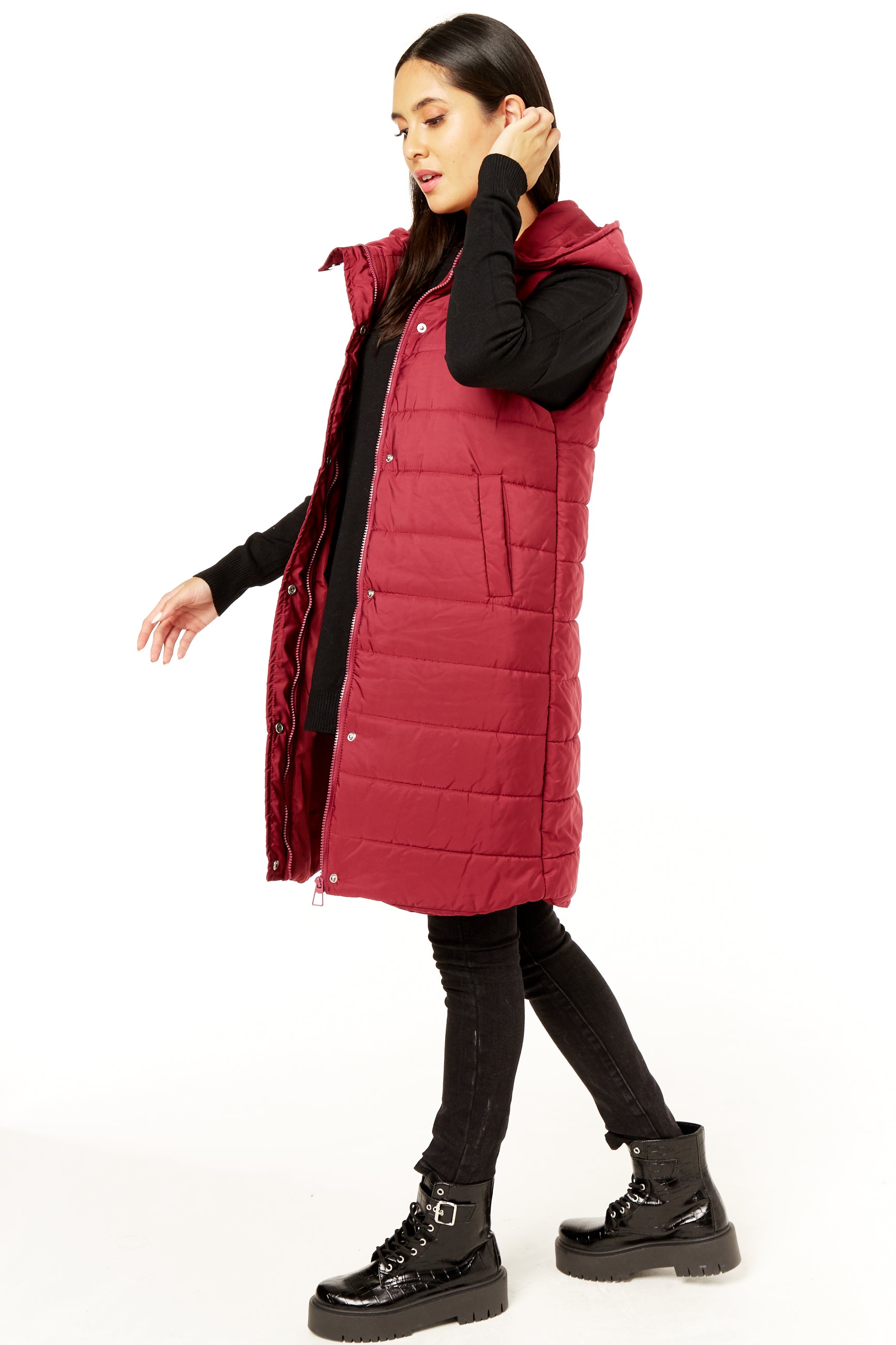 Burgundy Longline Padded Hooded Gilet