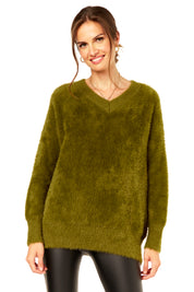 Khaki V Neck Plush Jumper