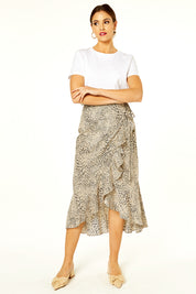 Beige Animal Print Ruffle Wrap Midi Skirt