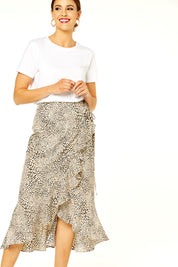 Beige Animal Print Ruffle Wrap Midi Skirt