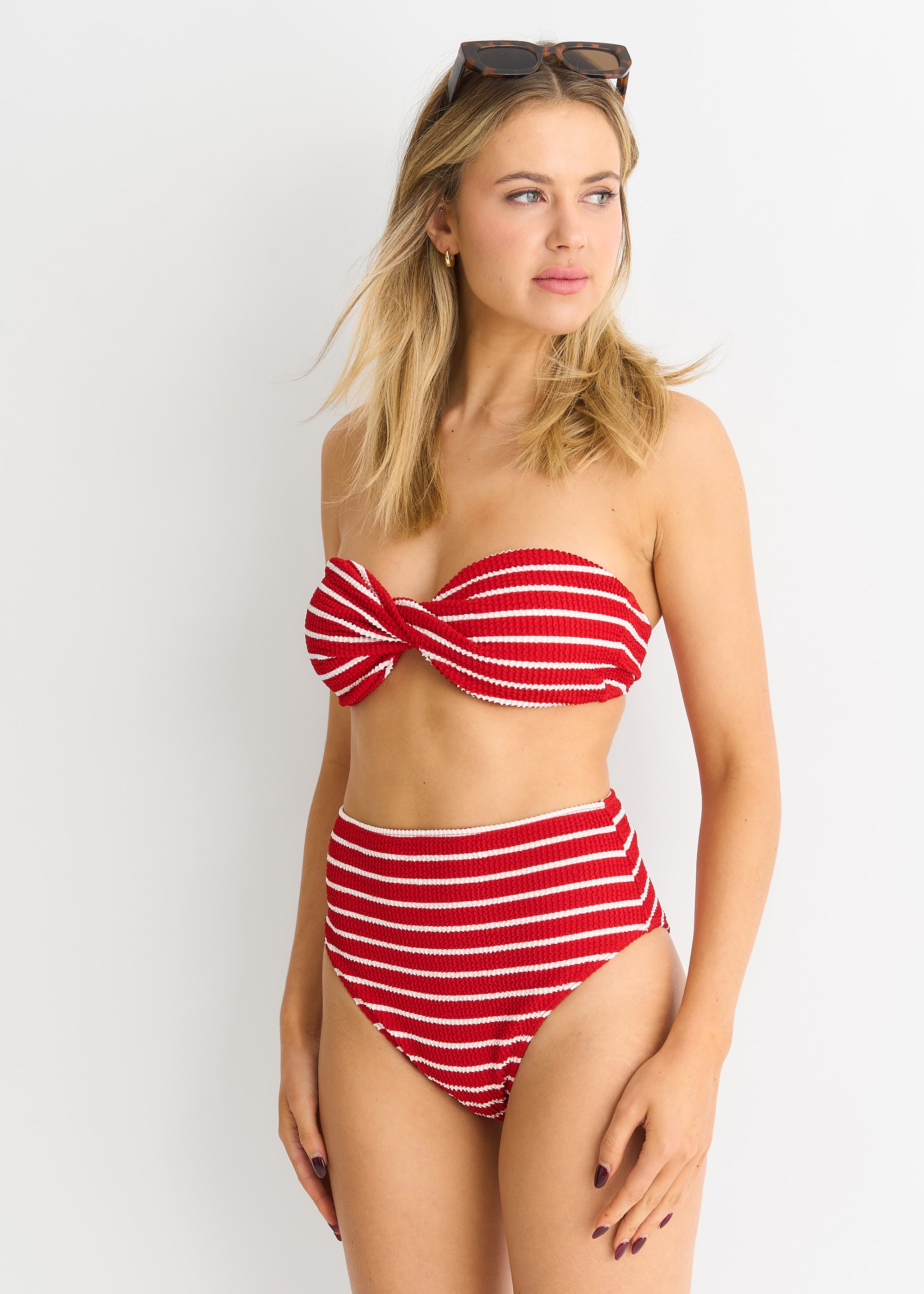 Red Textured High Waisted Stripe Bikini Bottom