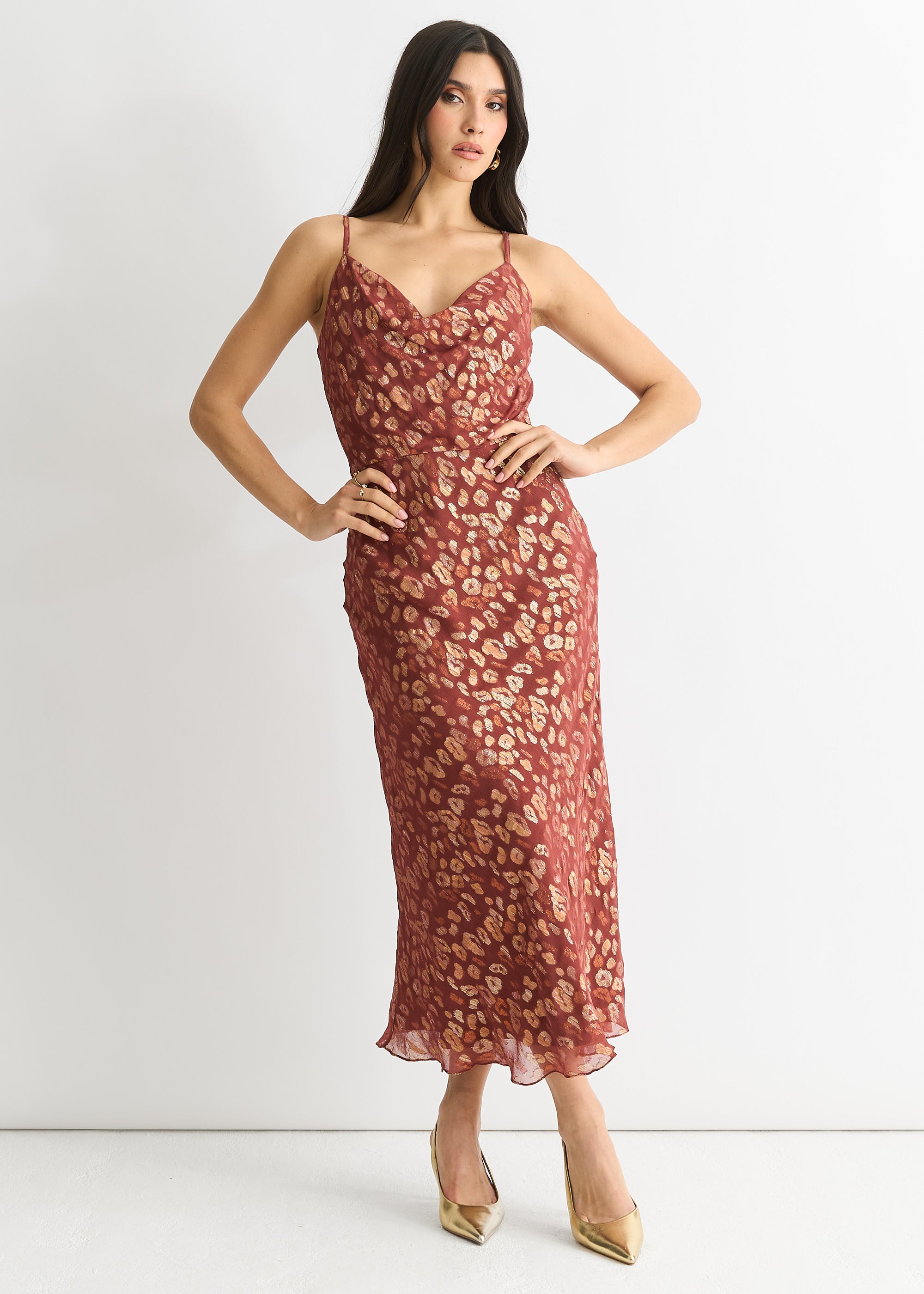 Viscose Animal Jacquard Cowl Midi Dress