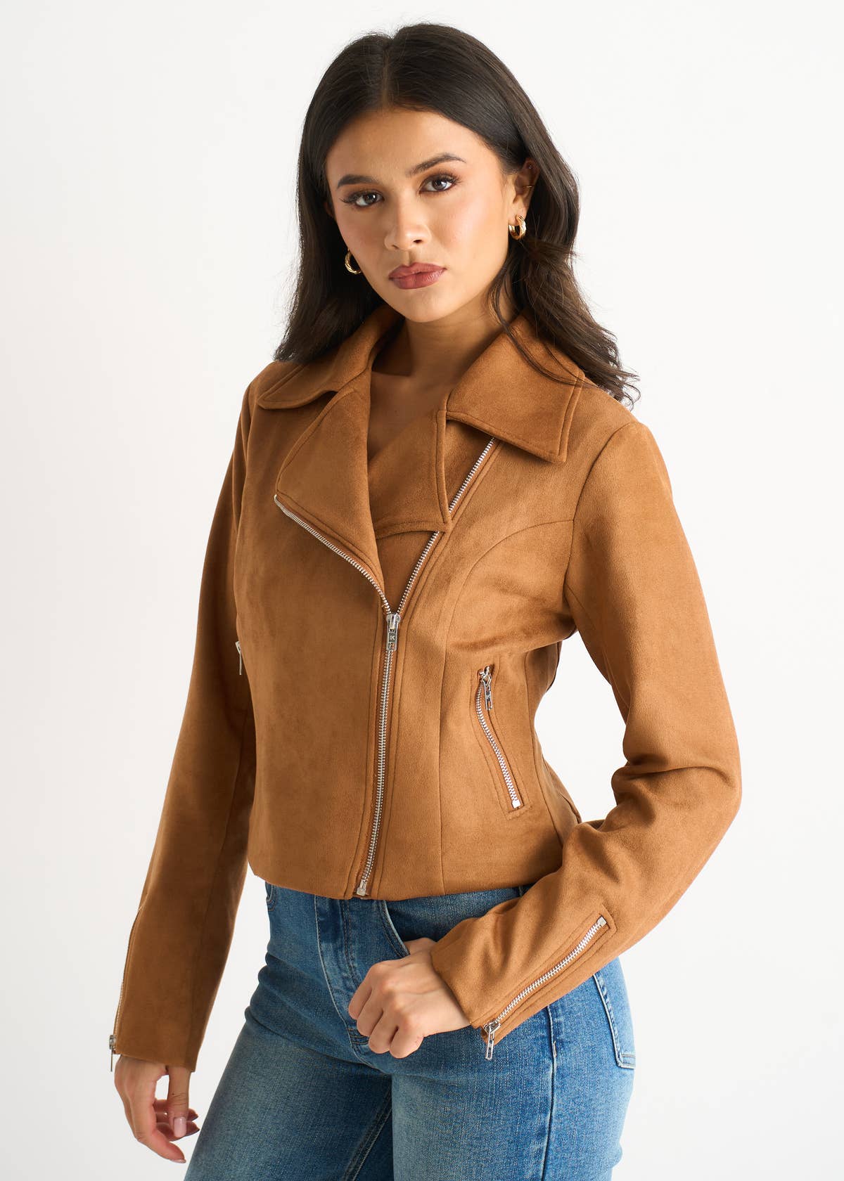 Brown Faux Suede Biker Jacket – View 3 | Gini London