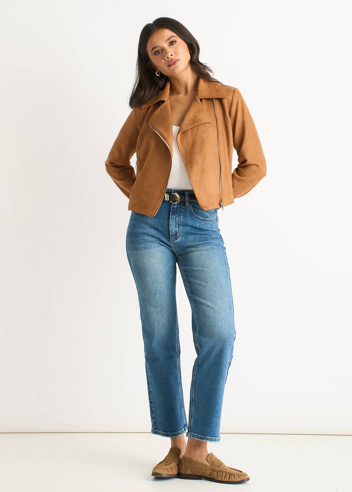 Brown Faux Suede Biker Jacket – View 2 | Gini London