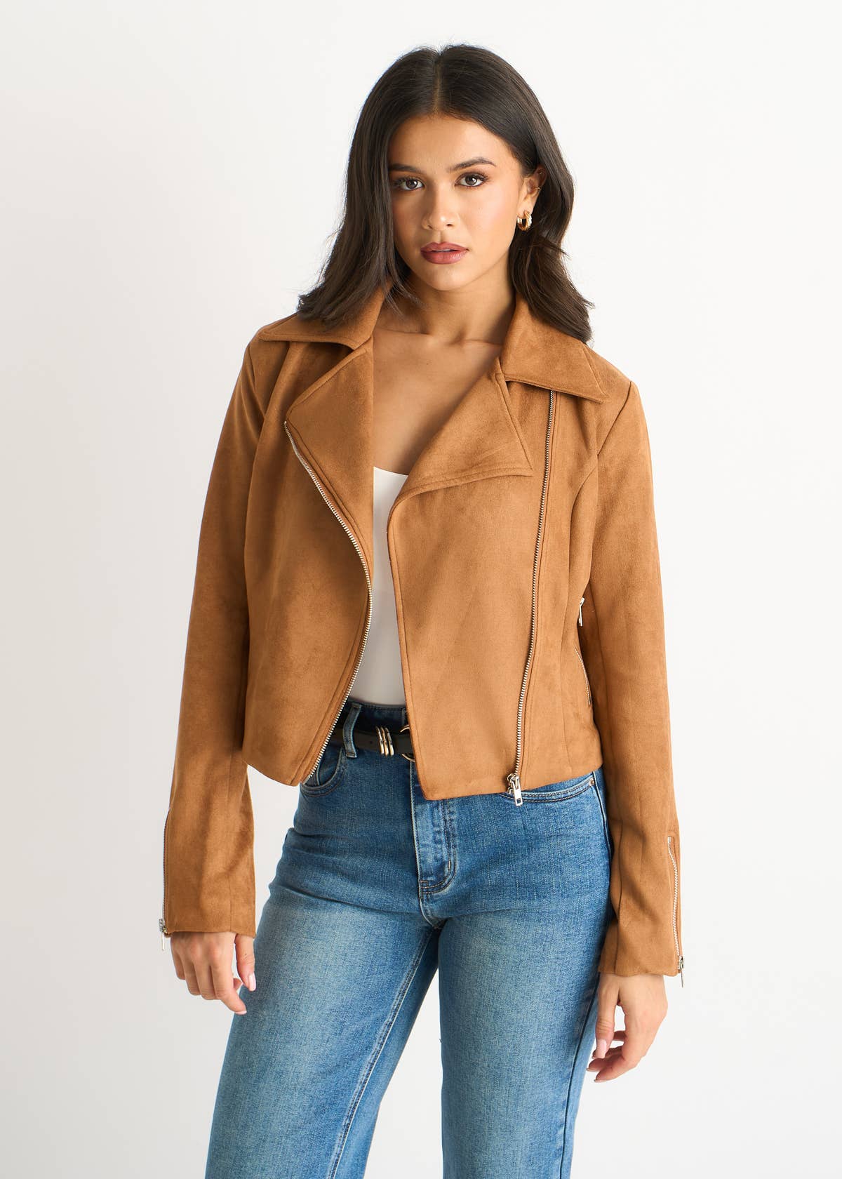 Brown Faux Suede Biker Jacket – View 1 | Gini London