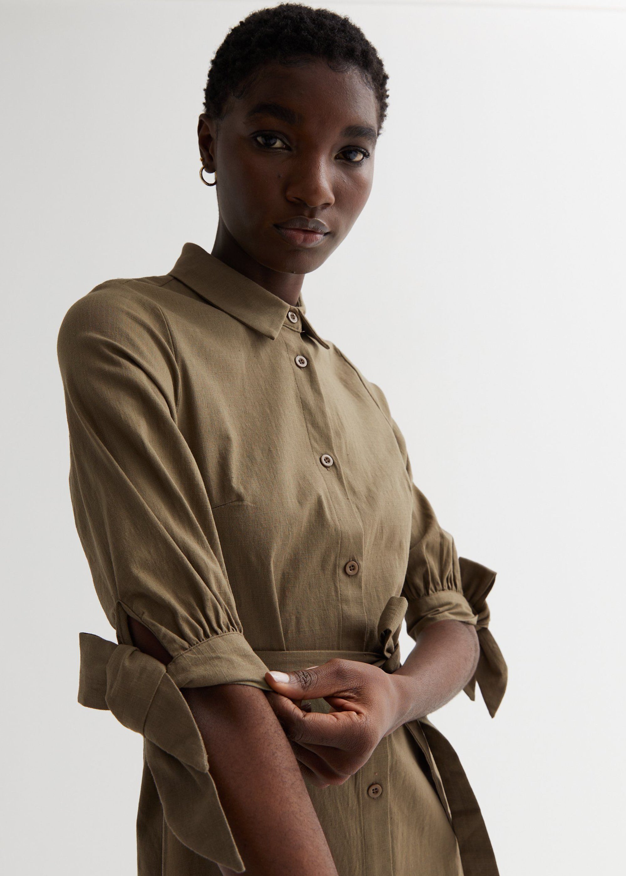 Khaki Tie Sleeves Midi Shirt Dress