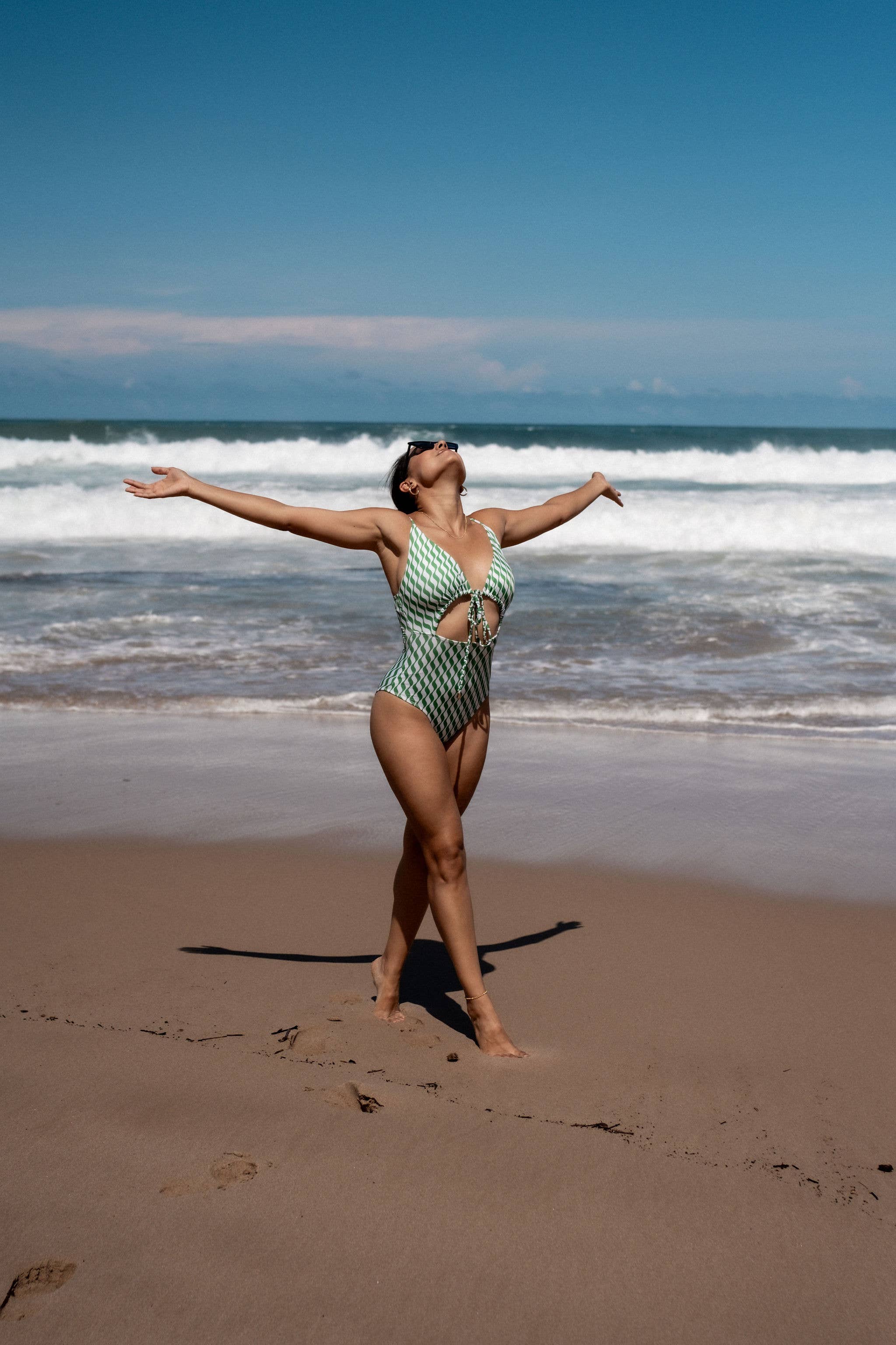 Green Wave Print Tie Front Swimsuit