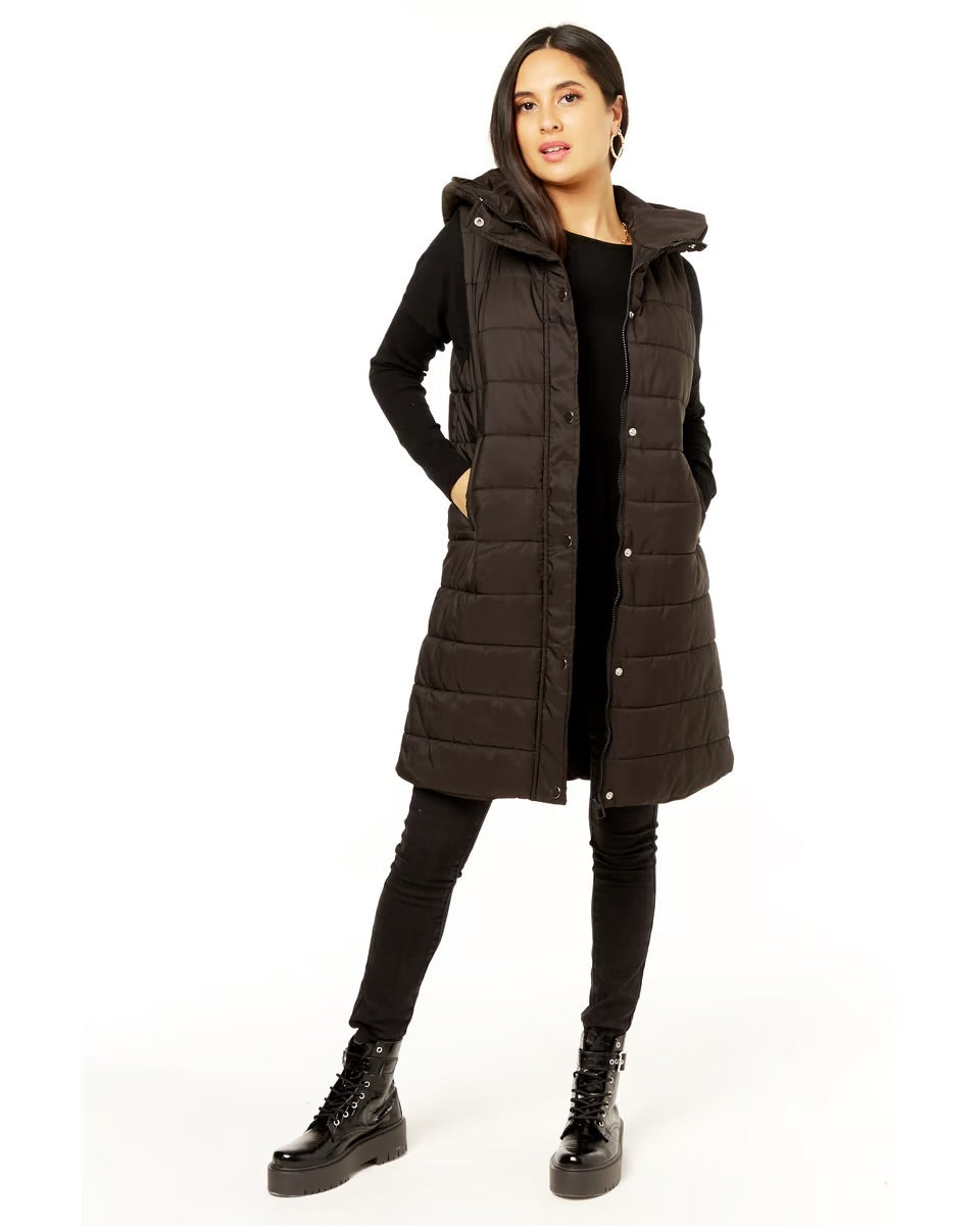 Black Longline Padded Hooded Gilet