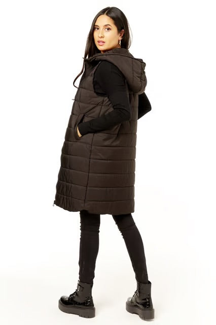 Black Longline Padded Hooded Gilet