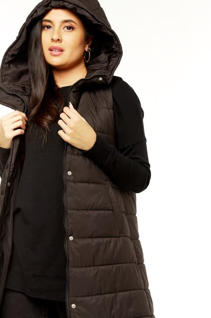 Black Longline Padded Hooded Gilet