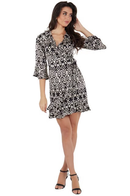 Black Frill Detailed Bell Sleeves Mini Wrap Dress