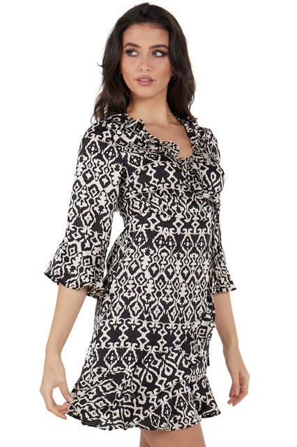 Black Frill Detailed Bell Sleeves Mini Wrap Dress