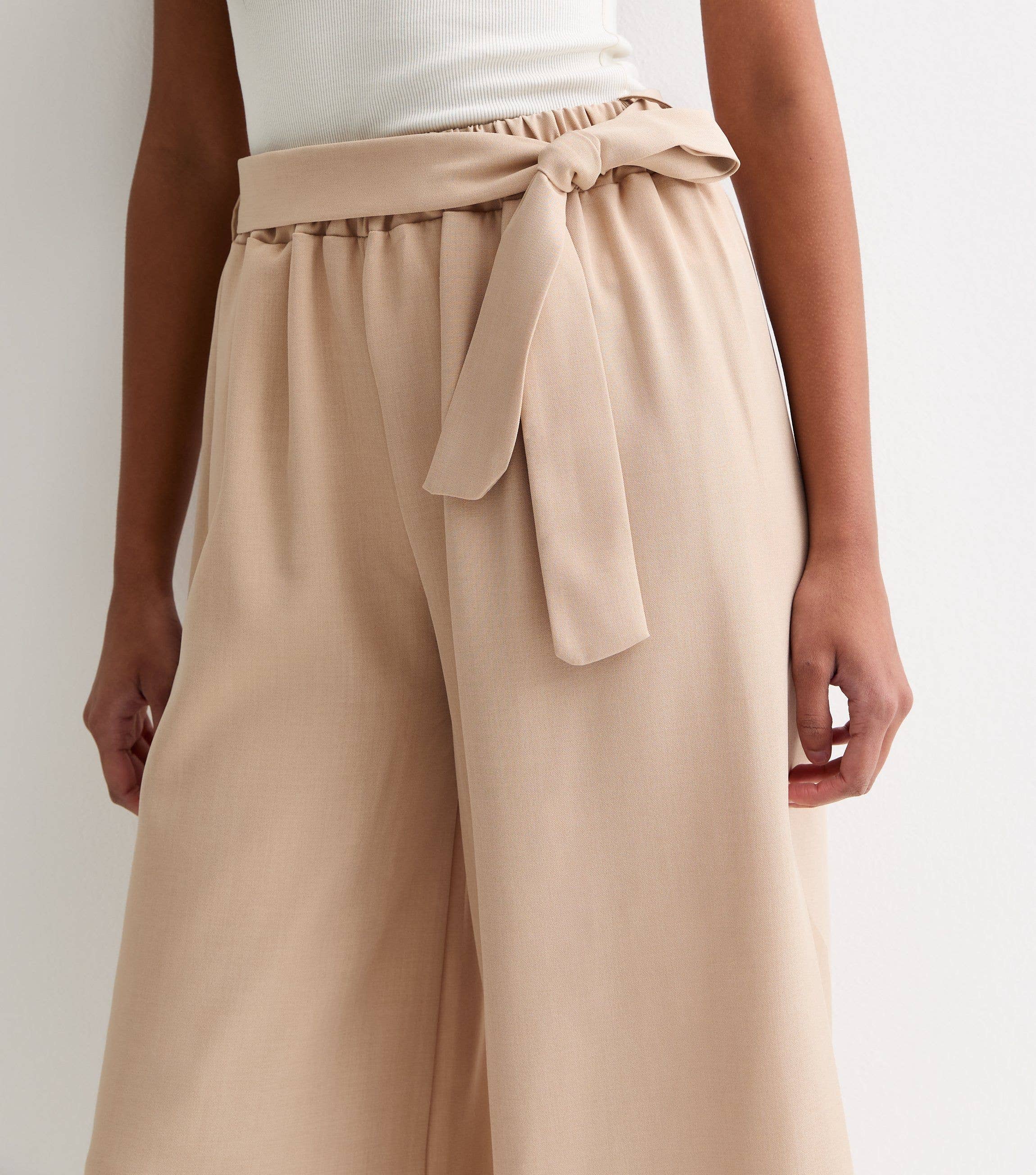 Camel Elasticated Wide Leg Tie detail Trousers