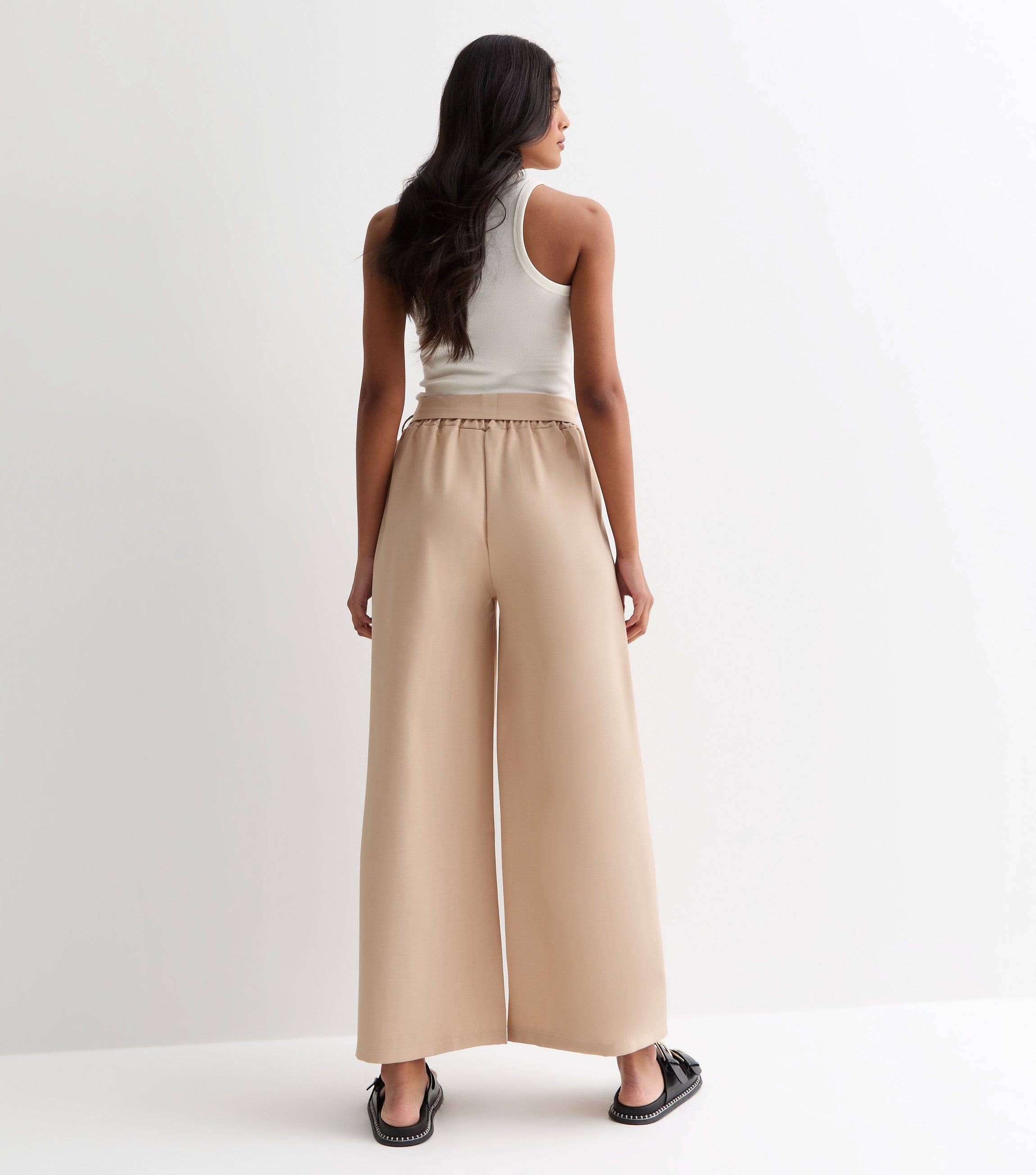 Camel Elasticated Wide Leg Tie detail Trousers