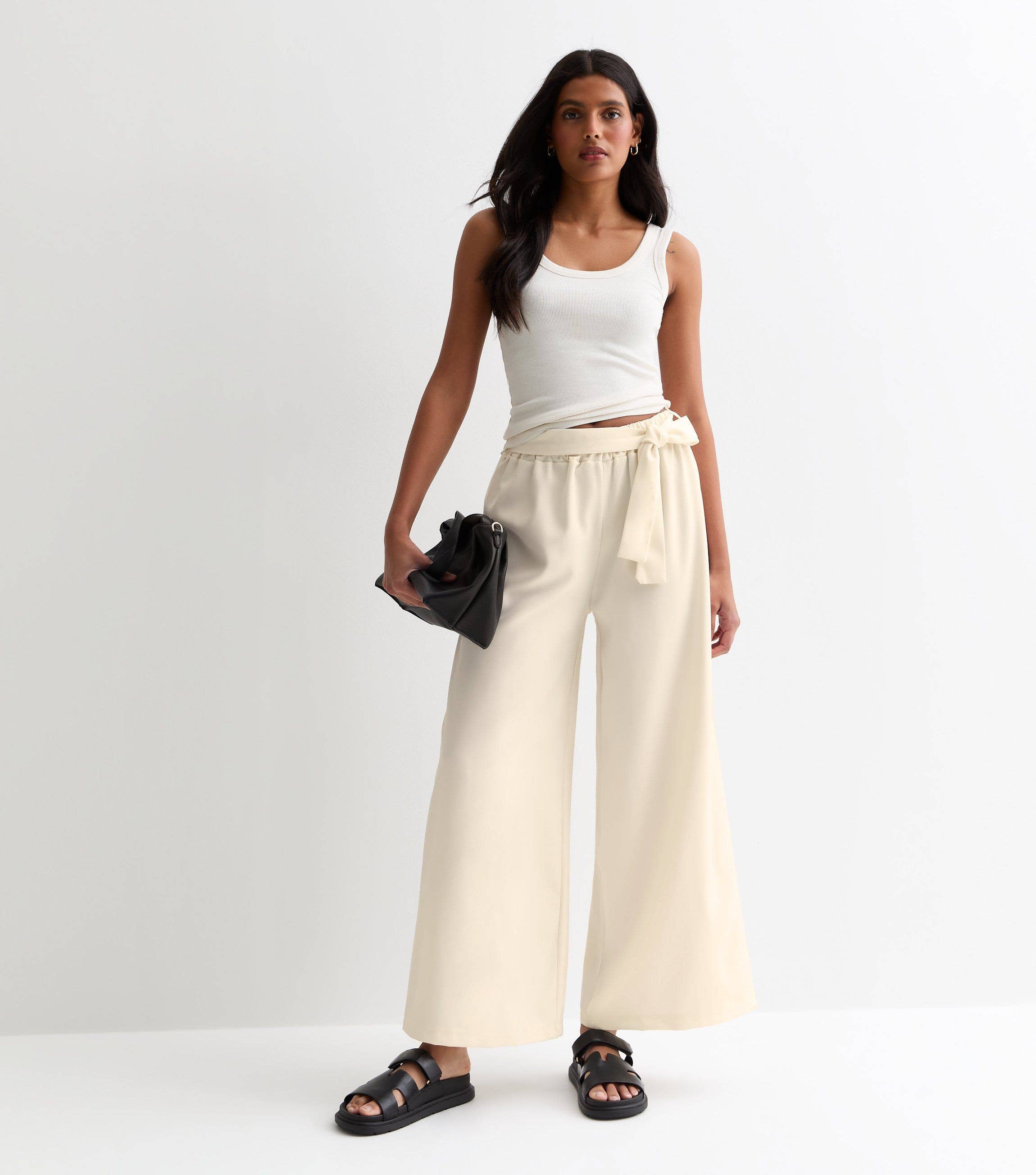 White Elasticated Wide leg Tie detail Trousers