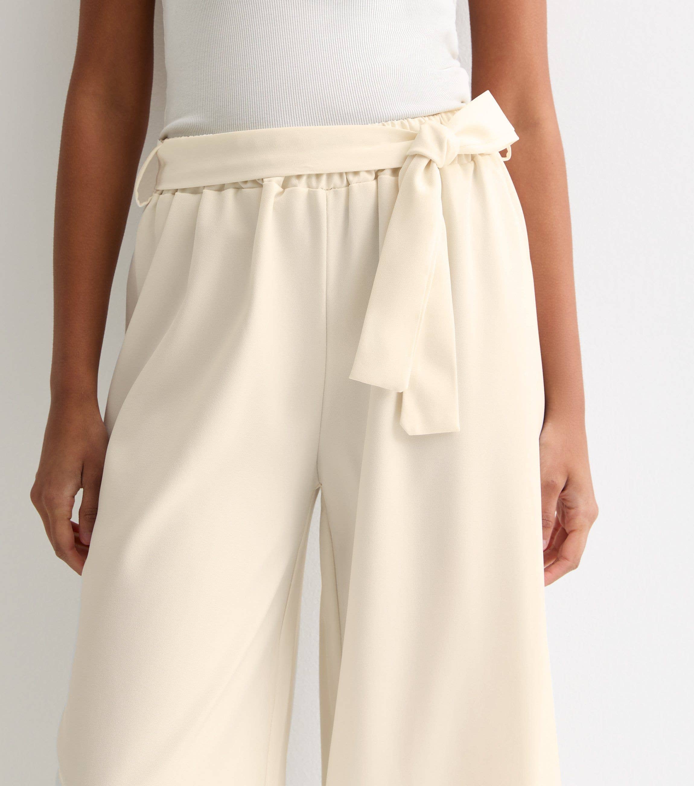 White Elasticated Wide leg Tie detail Trousers