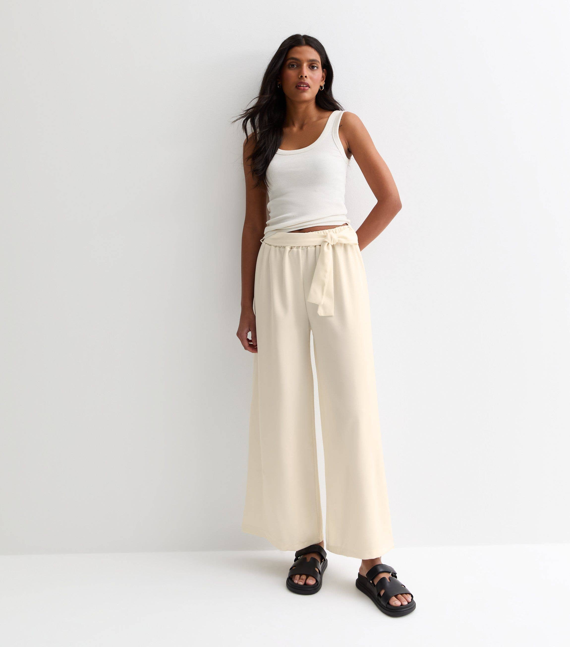 White Elasticated Wide leg Tie detail Trousers