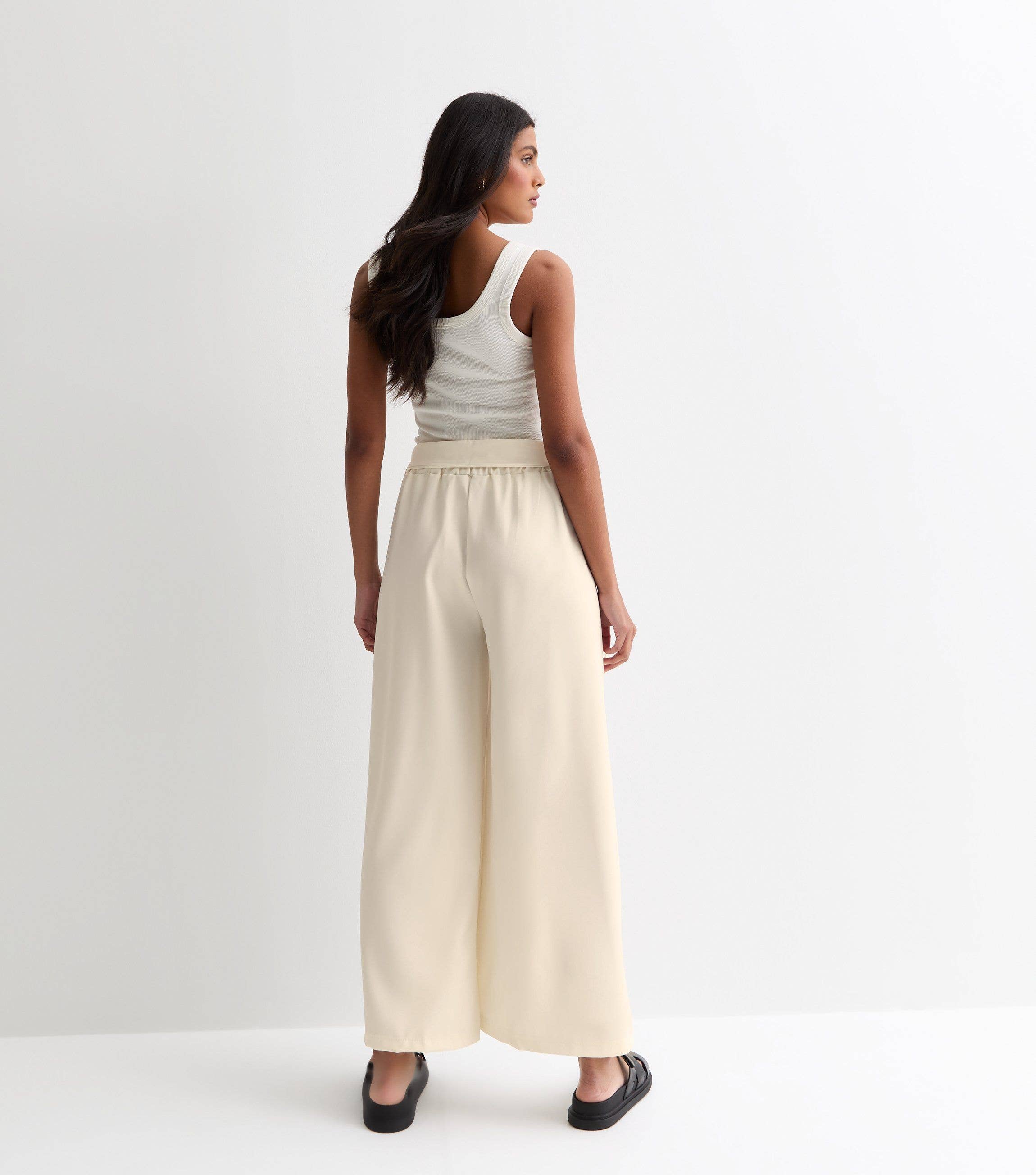 White Elasticated Wide leg Tie detail Trousers