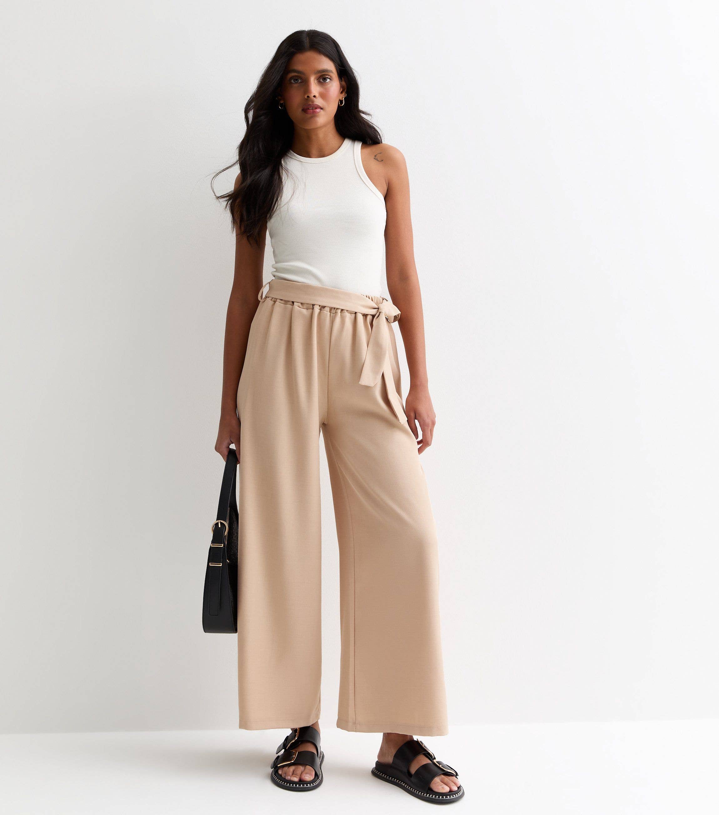 Camel Elasticated Wide Leg Tie detail Trousers
