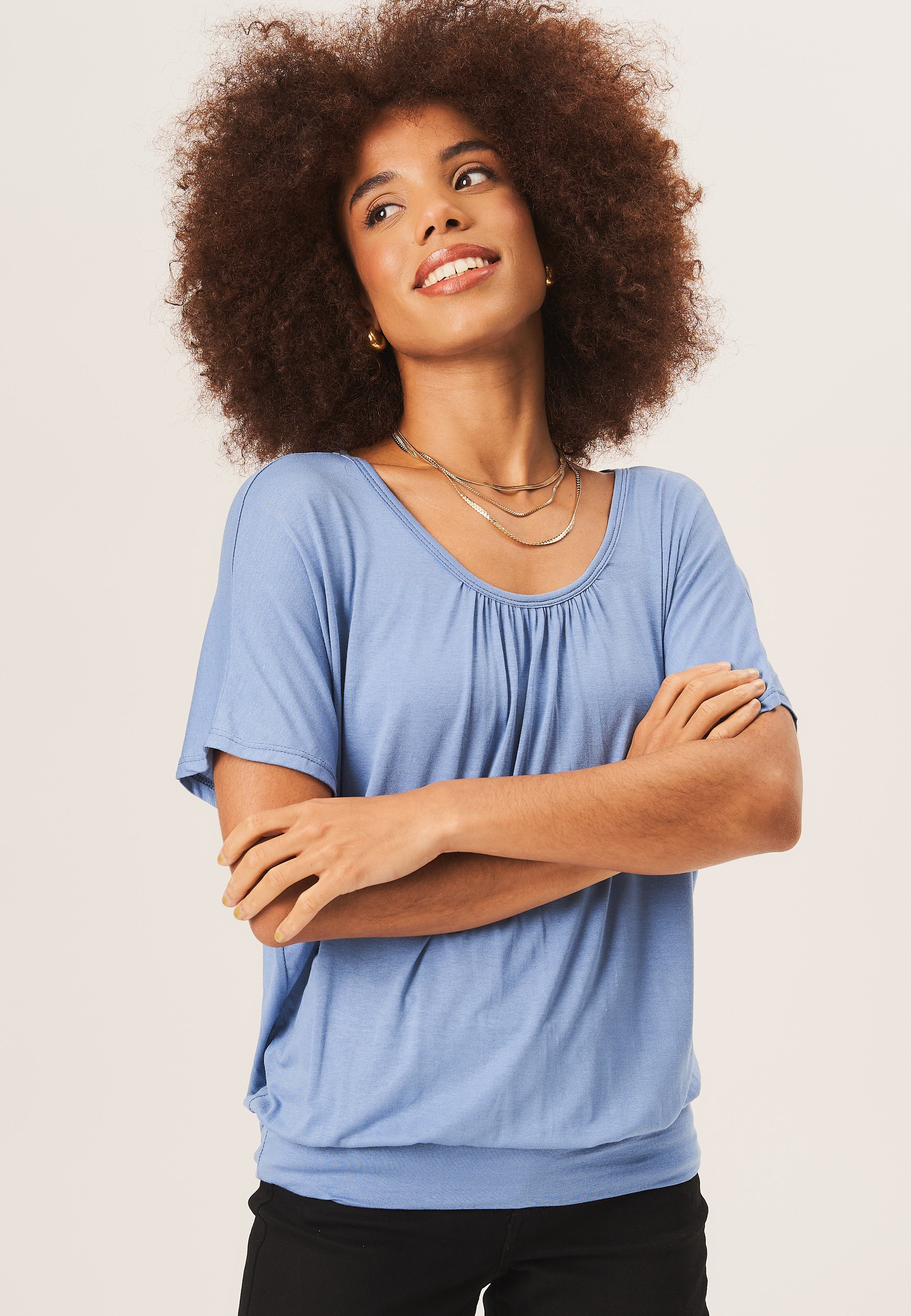 Blue Round Neck Oversized Short Sleeves Top