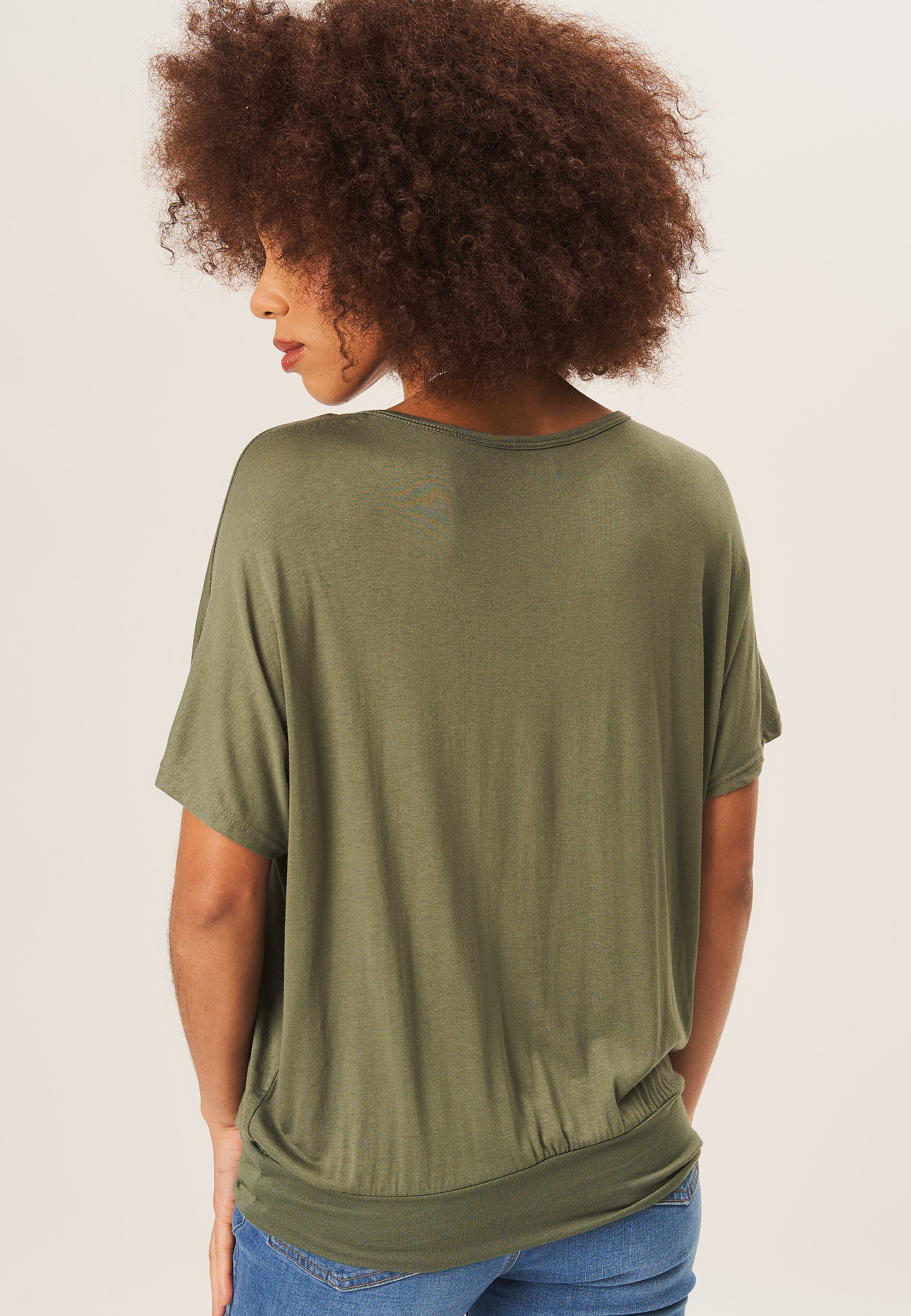 Khaki Round Neck Oversized Short Sleeves Top