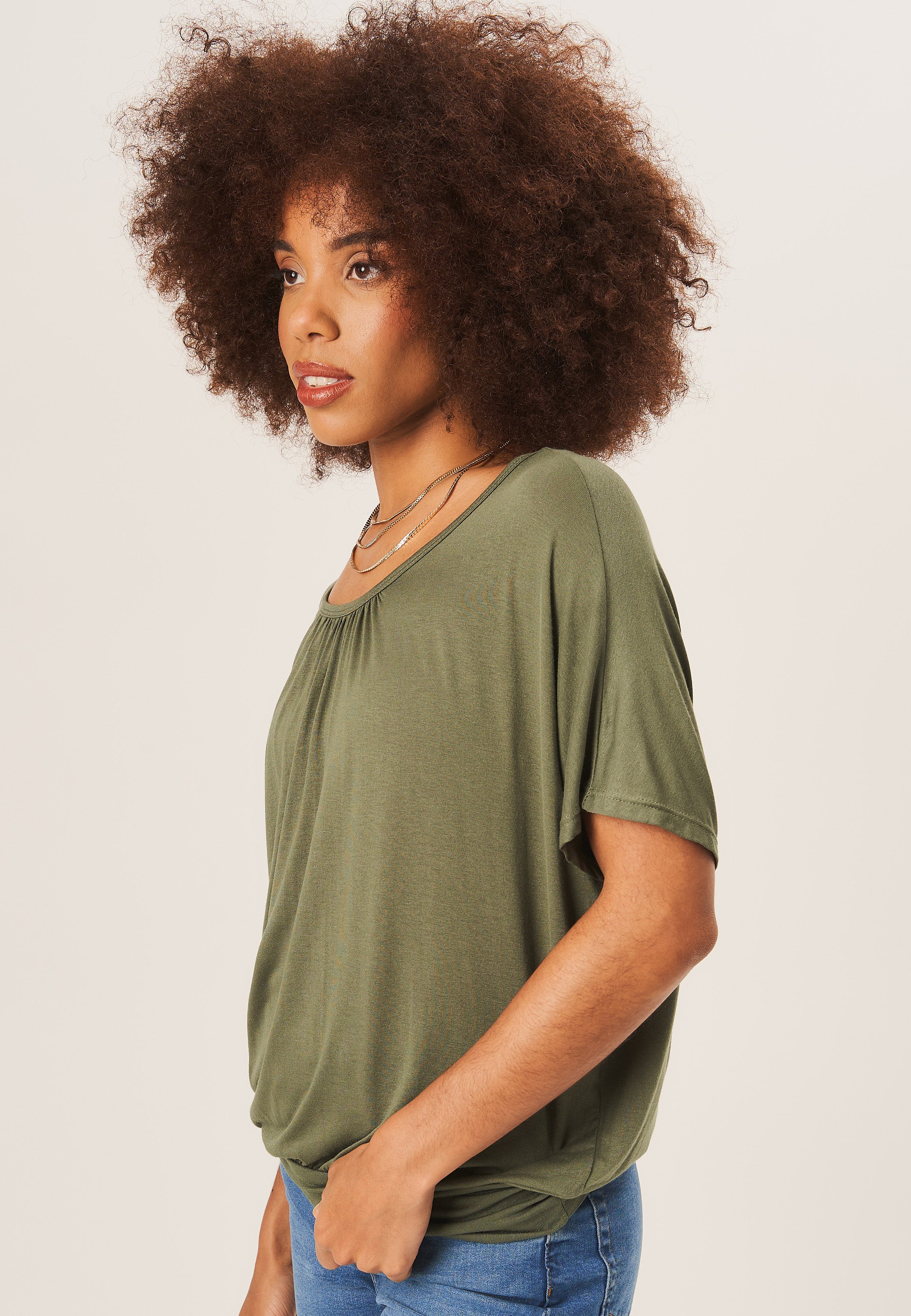 Khaki Round Neck Oversized Short Sleeves Top