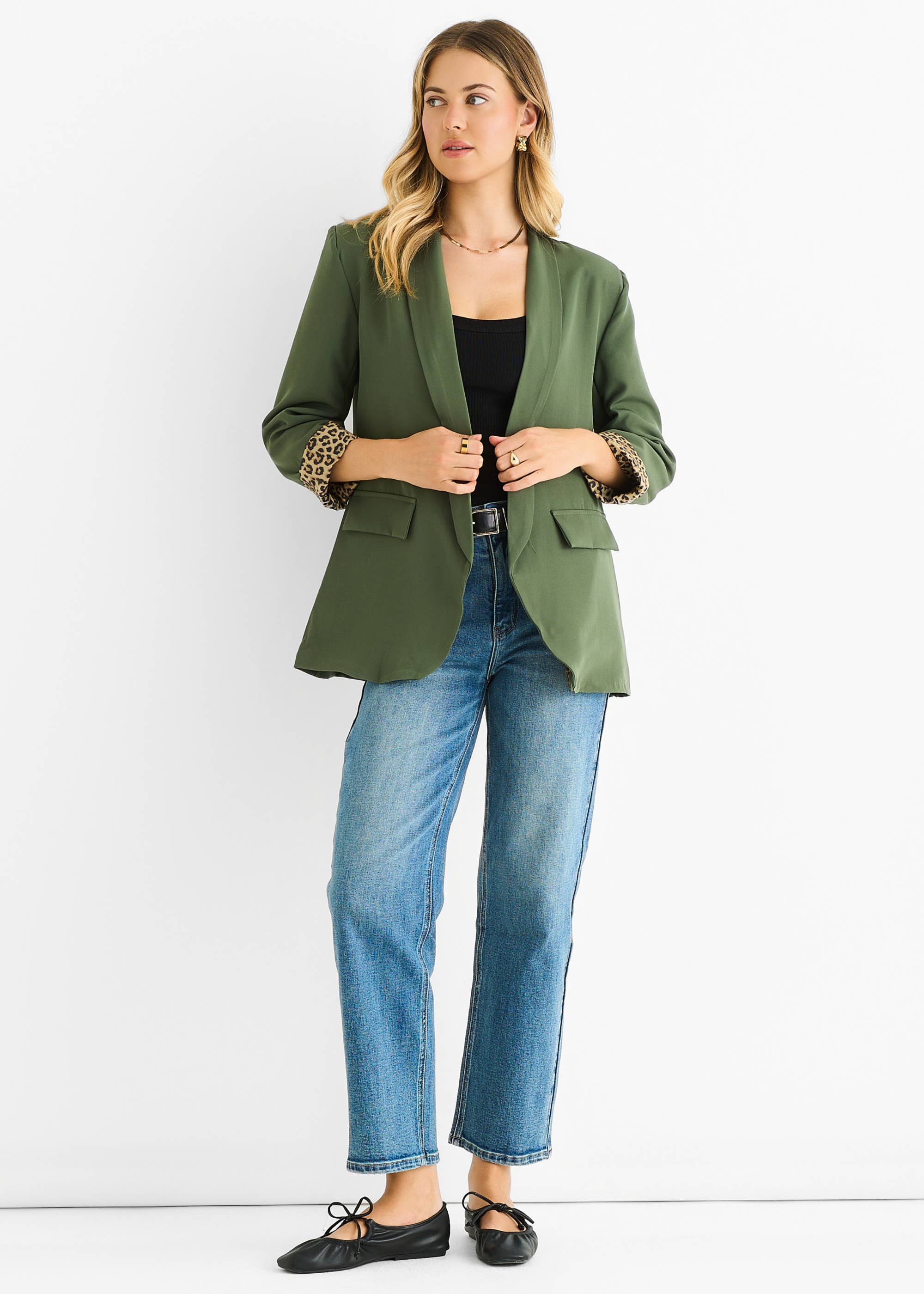 Khaki Contrast Animal Edge to Edge Blazer