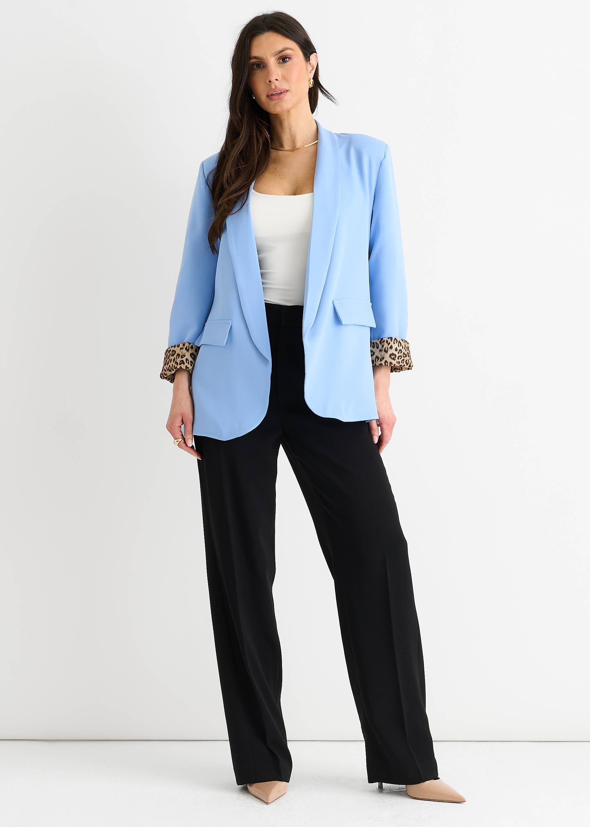 Sky Blue Contrast Animal Edge to Edge Blazer
