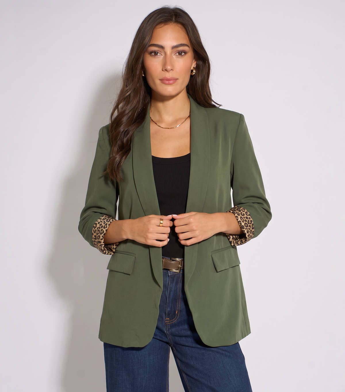 Khaki Contrast Animal Edge to Edge Blazer
