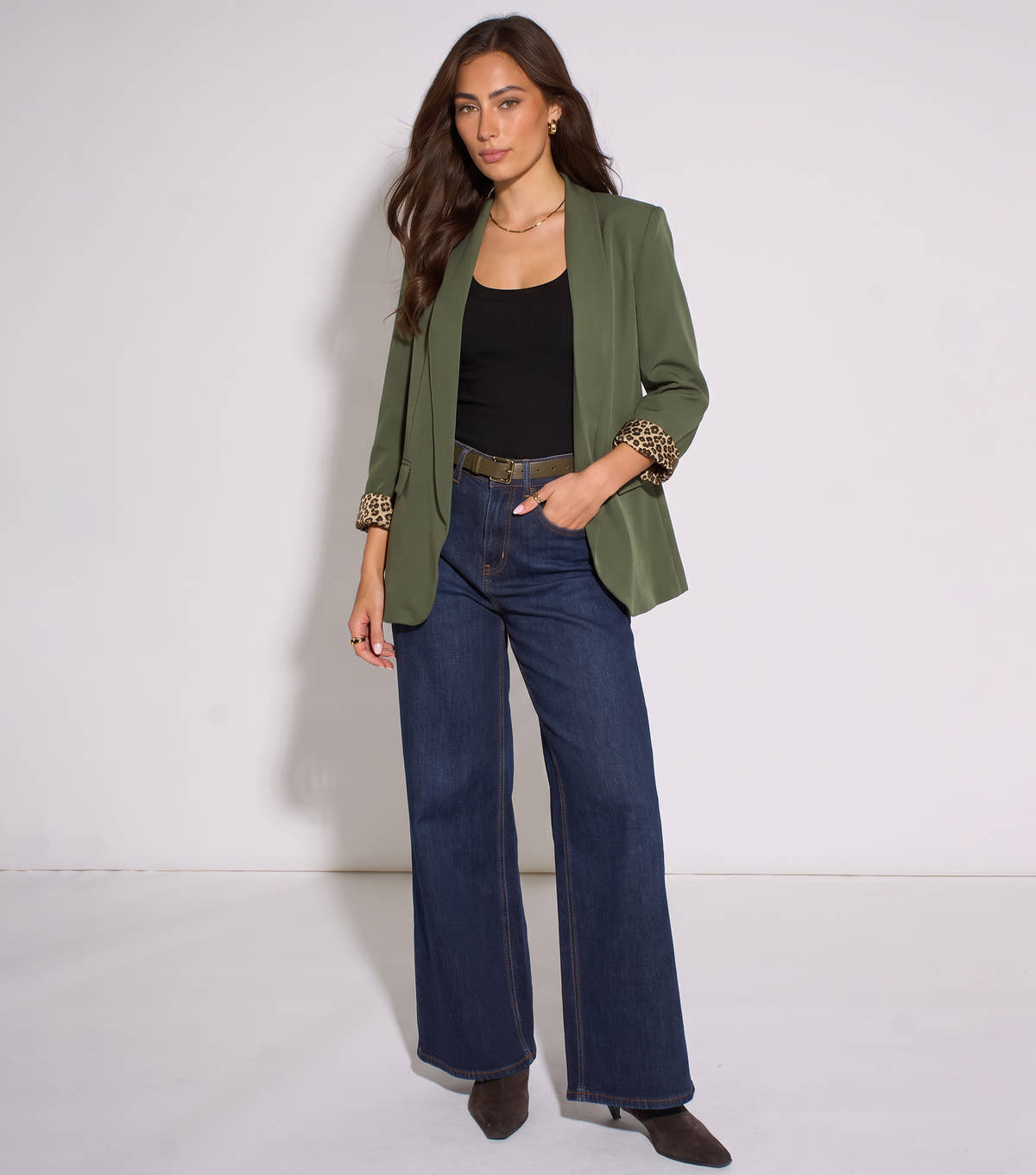 Khaki Contrast Animal Edge to Edge Blazer