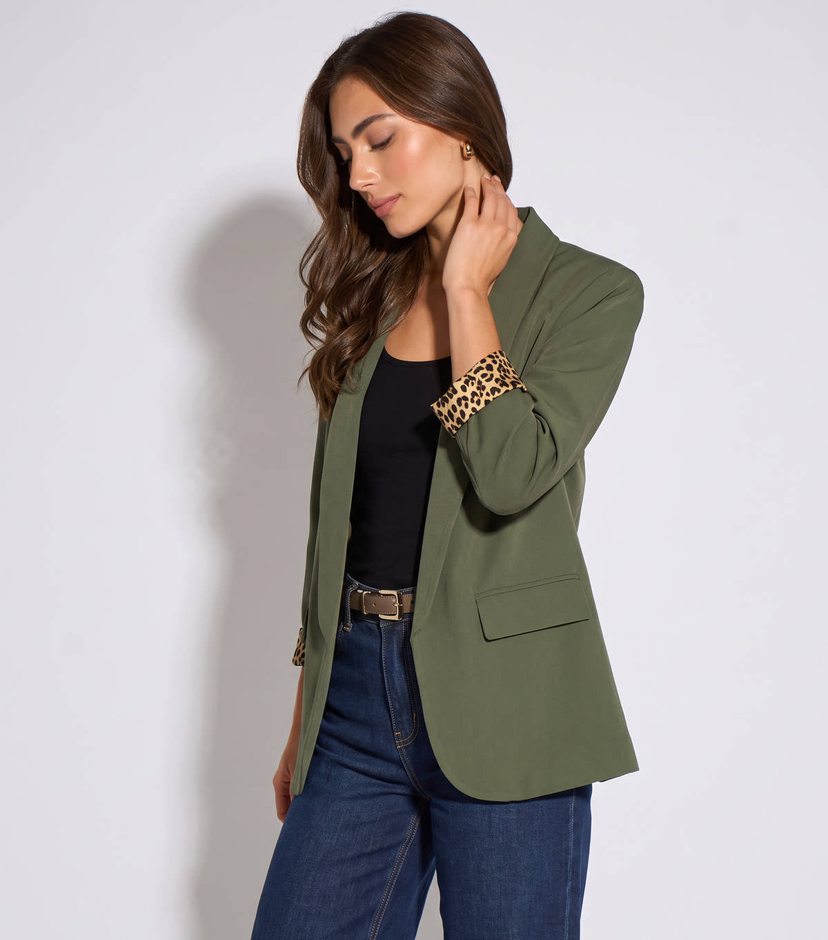 Khaki Contrast Animal Edge to Edge Blazer