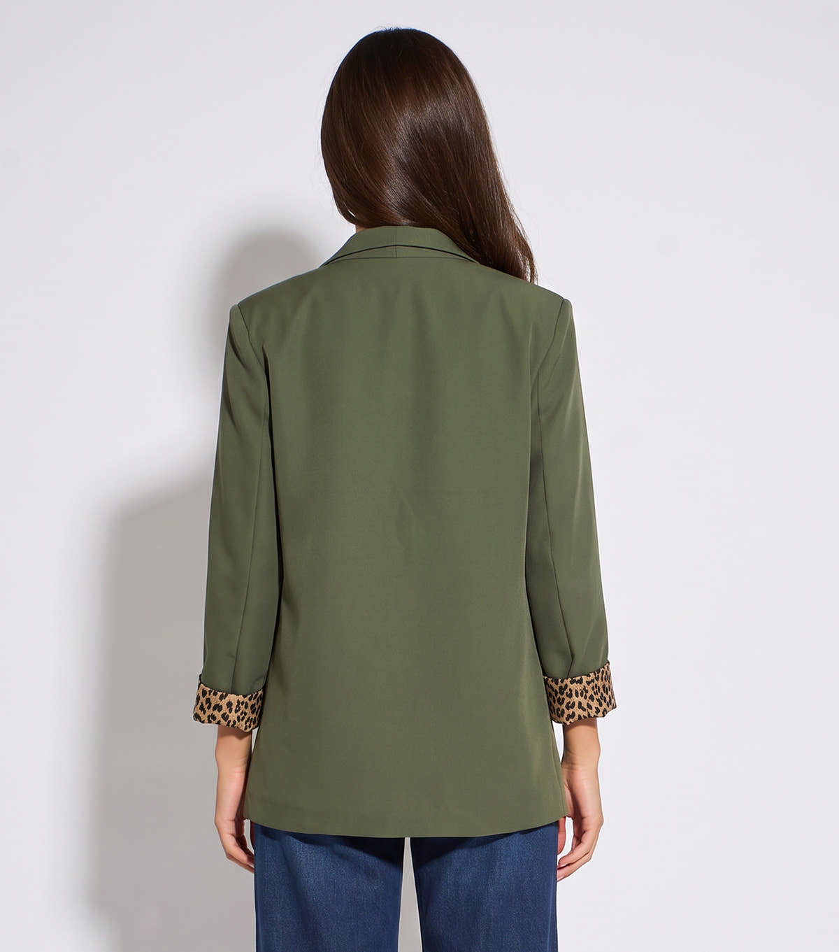 Khaki Contrast Animal Edge to Edge Blazer