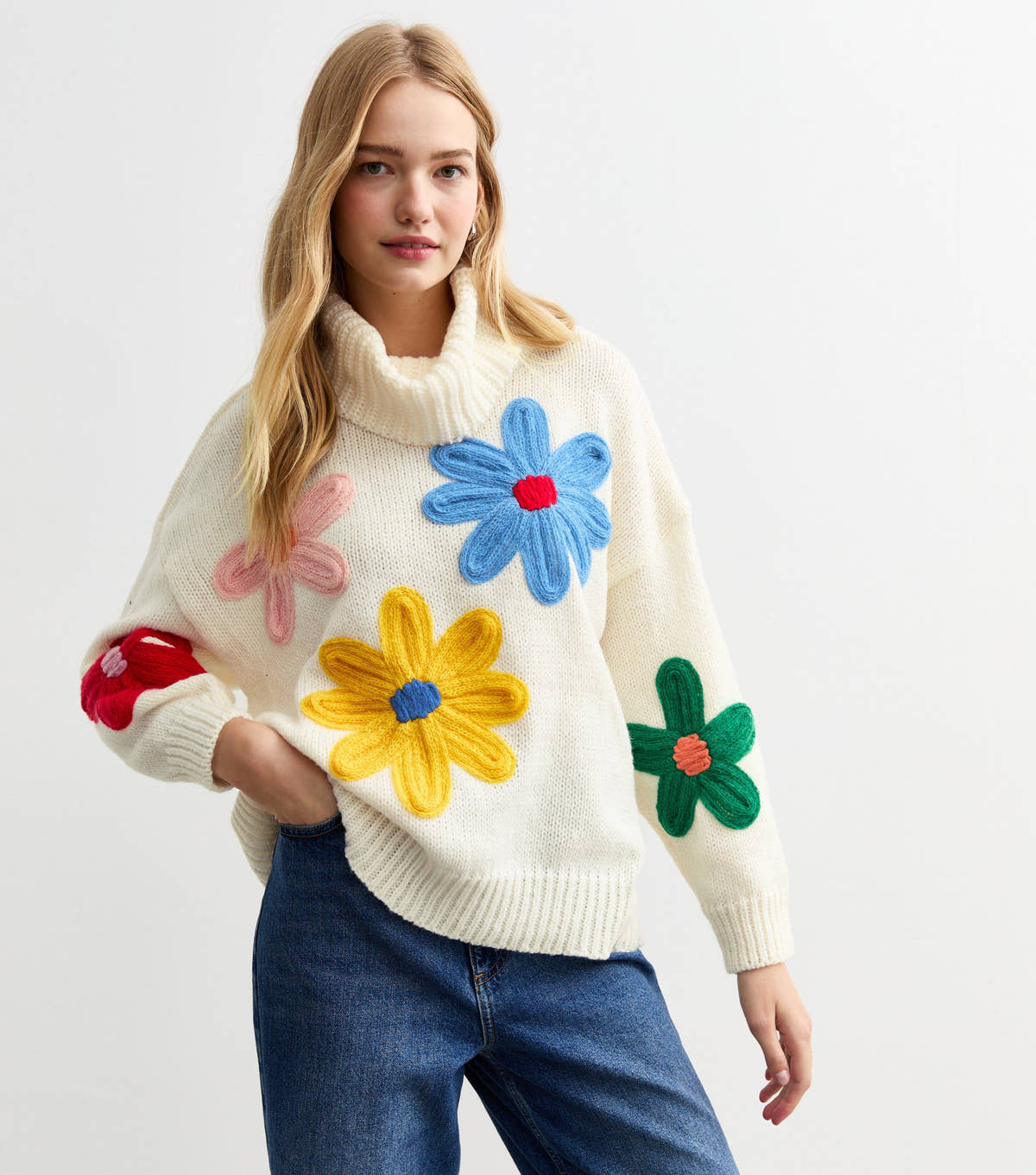 Cream Contrast Floral Patch Oversized Knit Jum