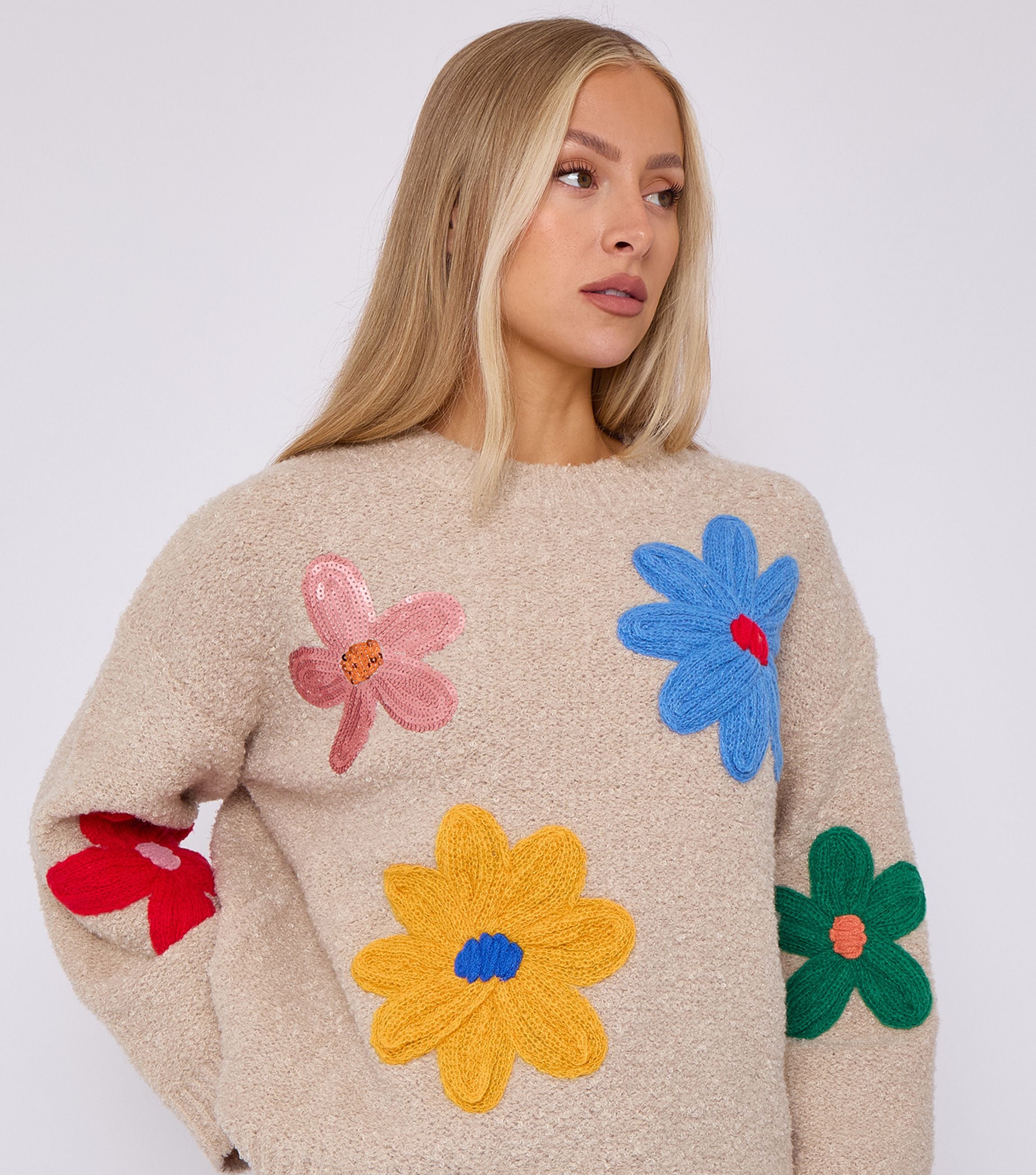 Beige Floral Applique Oversized Jumper