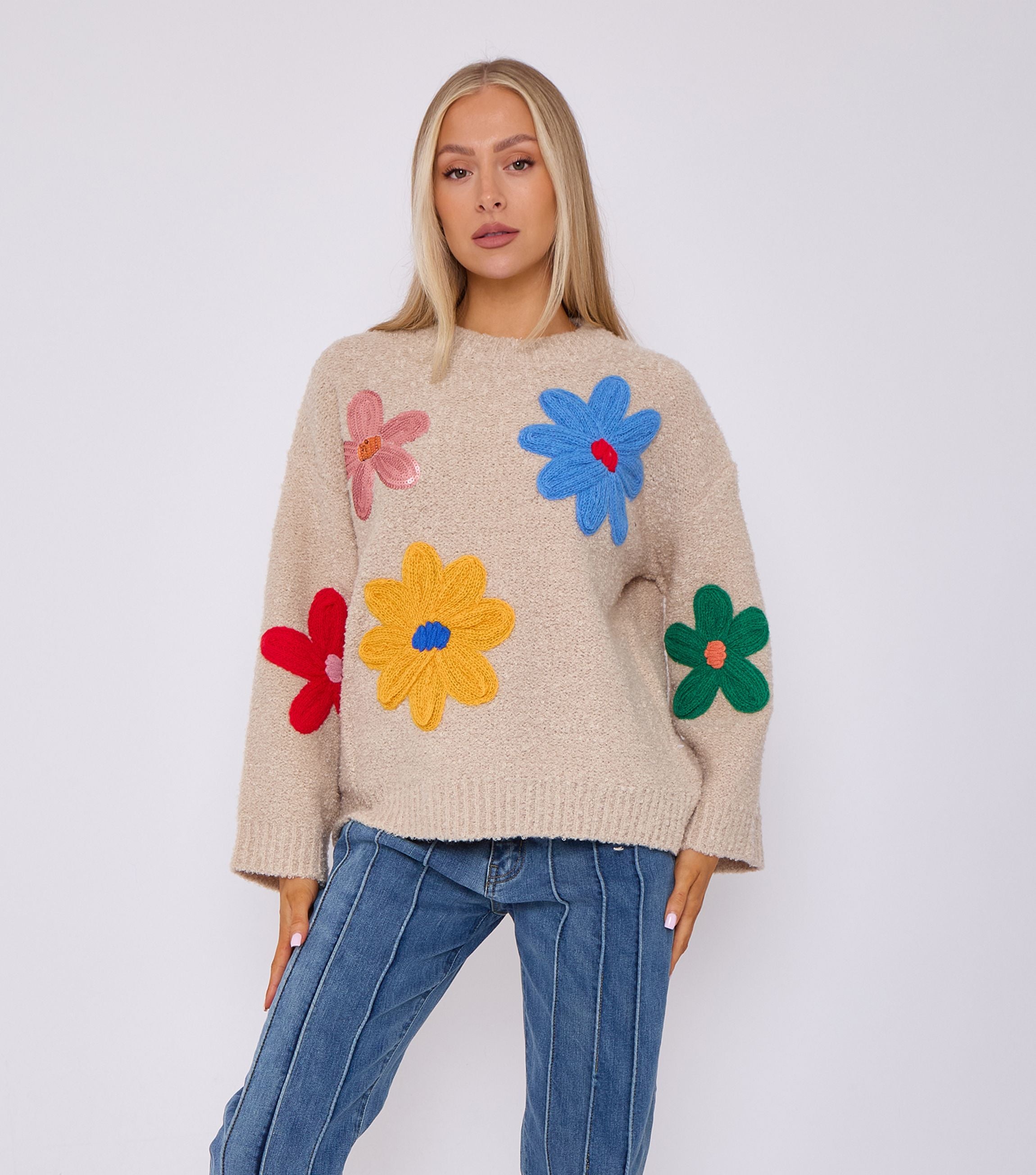 Beige Floral Applique Oversized Jumper