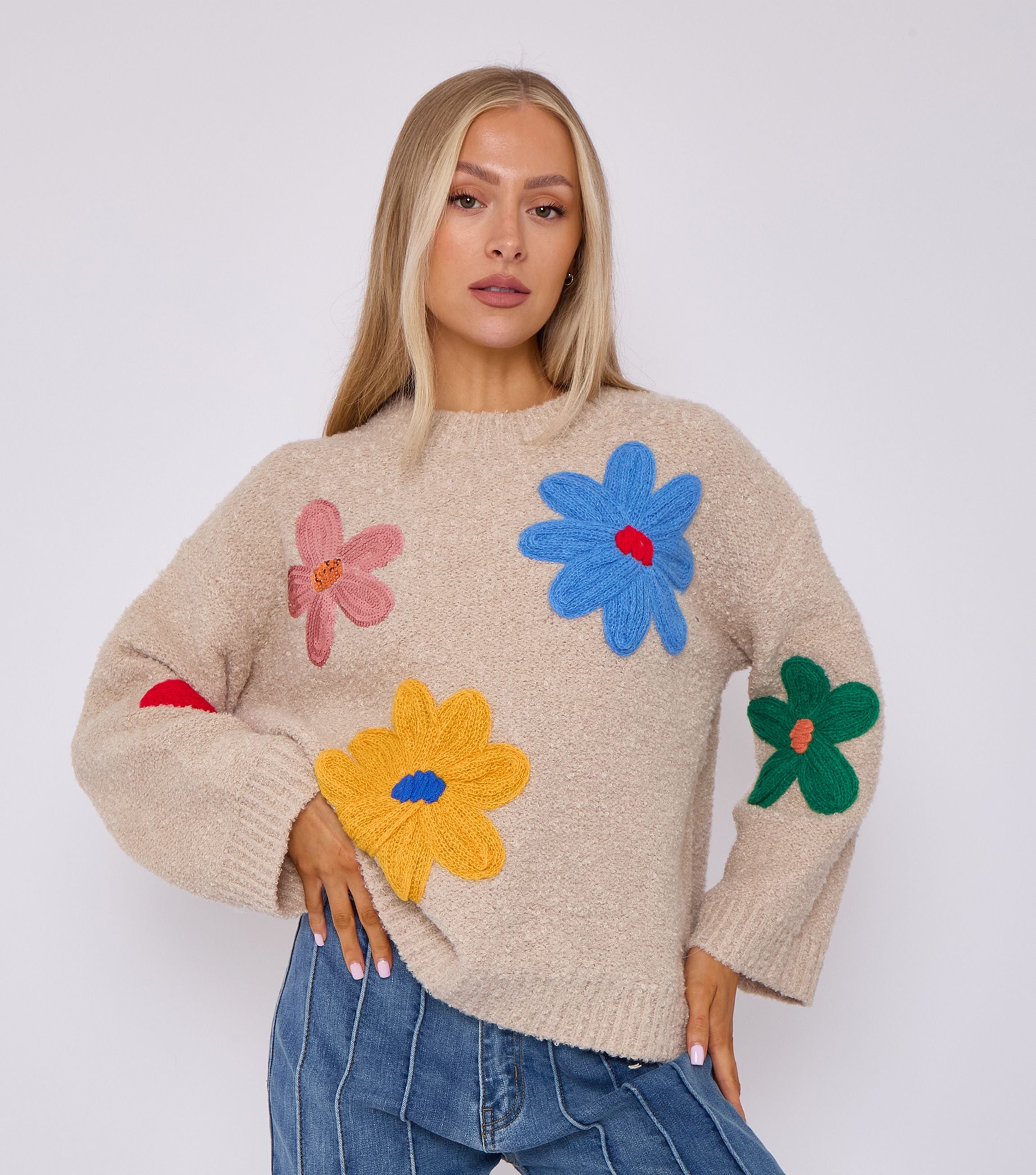 Beige Floral Applique Oversized Jumper