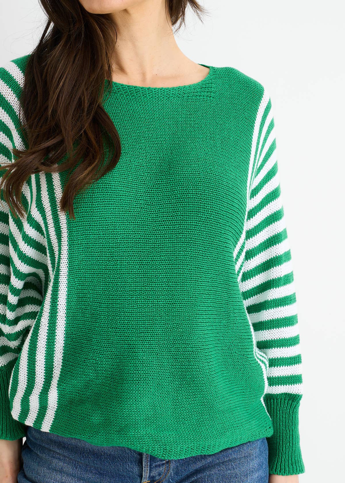 Green Cotton Stripe Pattern Batwing Jumper Top