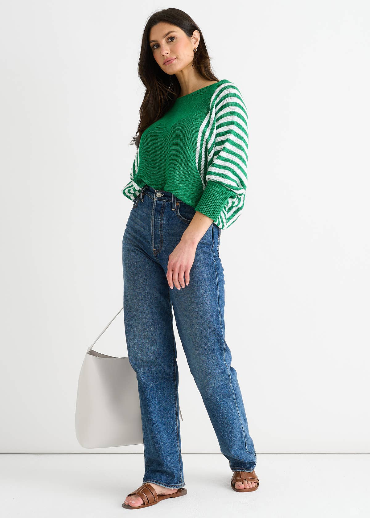 Green Cotton Stripe Pattern Batwing Jumper Top